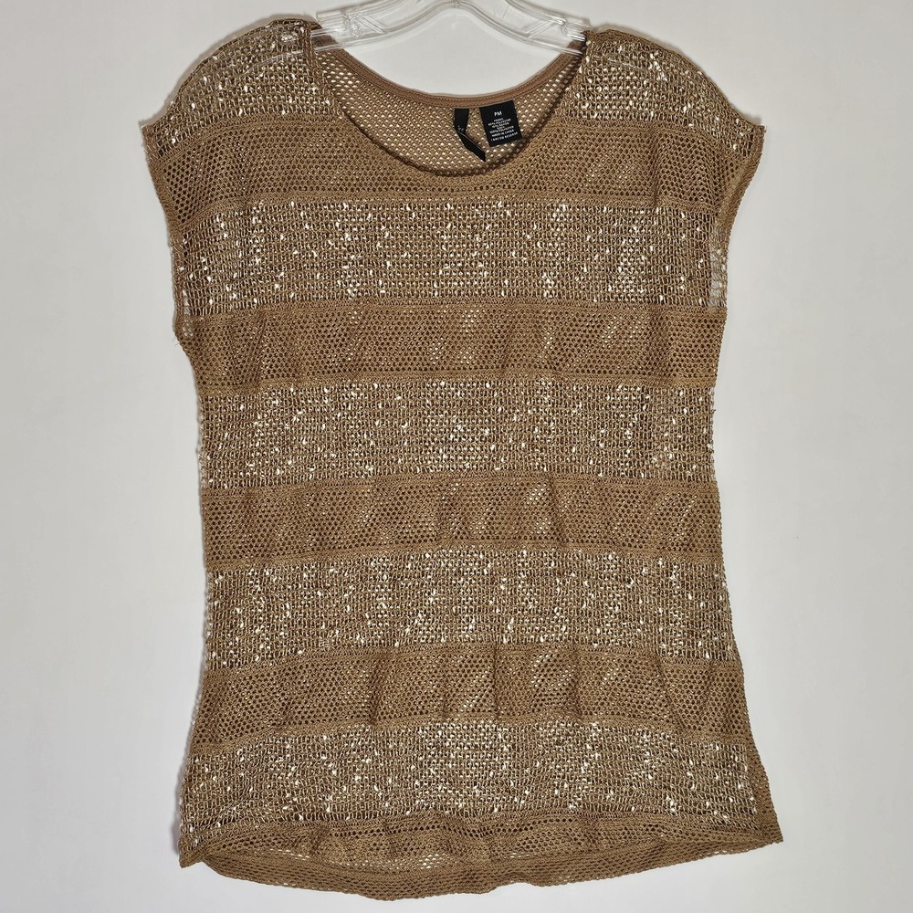 New Directions Petite Top Womens PM Gold Open Knit Sheer‎ Stripe Sweater Sequin